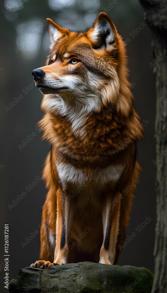 Red wolf sitting on rock, looking up, in forest. Red wolf sitting on rock, looking up, in forest.