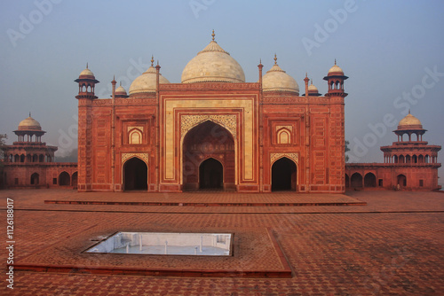 View of the mosque at Taj Mahal complex in early morning, Agra, Uttar Pradesh, India