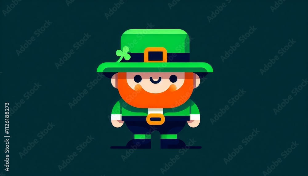 Smiling leprechaun with a green hat and orange beard on a dark green background. St. Patrick's Day simple flat illustration Smiling leprechaun with a green hat and orange beard on a dark green background. St. Patrick's Day simple flat illustration