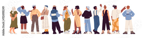 Diverse happy people standing together back side view. Crowd greeting, welcoming backside. International friends talk, pointing finger behind. Flat isolated vector illustration on white background