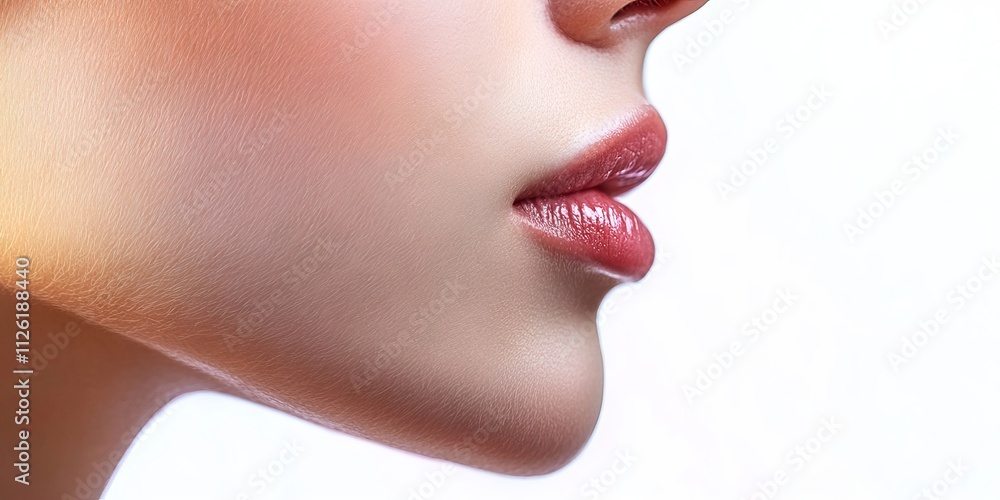 Close-Up of a Woman's Smooth and Radiant Skin with Glossy Lips on a White Background Close-Up of a Woman's Smooth and Radiant Skin with Glossy Lips on a White Background