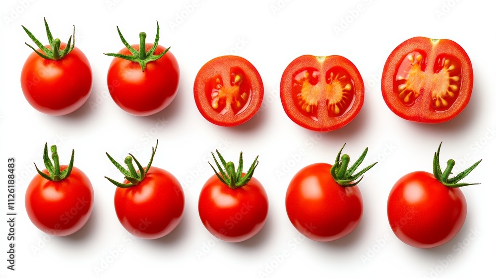 Row of red tomatoes with one of them cut in half. Concept of abundance and freshness, as well as the idea of a healthy and nutritious food source Row of red tomatoes with one of them cut in half. Concept of abundance and freshness, as well as the idea of a healthy and nutritious food source