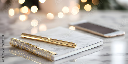 Elegant Notebook and Smartphone with Gold Accents and Warm Lighting photo