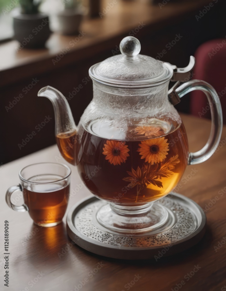 A glass teapot with fragrant tea and flowers on a charming saucer A glass teapot with fragrant tea and flowers on a charming saucer