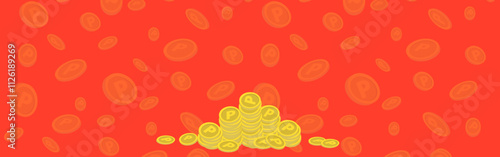たくさんのコインが舞う背景・貯まるイメージフレーム　赤色　バナー