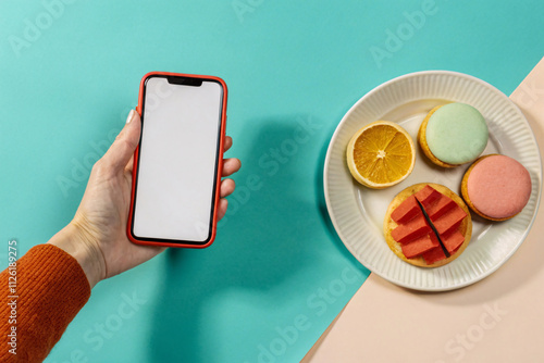 A smartphone with a red case held over colorful macarons, orange slices, and a pastel-colored background, merging food and tech photo