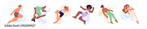 Flying people set. Diverse characters fly, move in air, soaring in zero gravity. Happy men and women free falling, floating in different poses. Flat isolated vector illustrations on white background