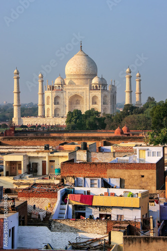 Rooftops of Taj Ganj neighborhood and Taj Mahal in Agra, India