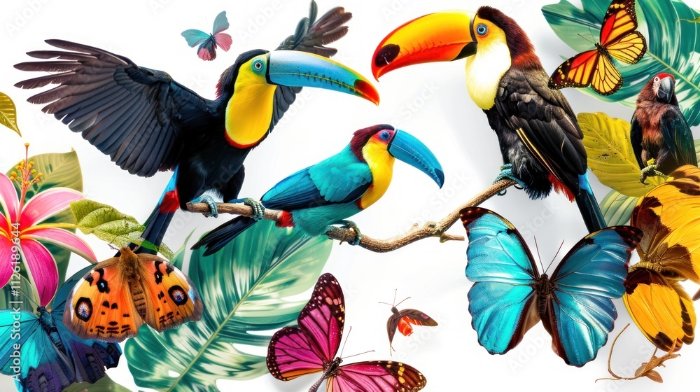 Fototapeta premium A vibrant showcase of tropical animals, like a toucan, monkey, and colorful butterfly, highlighted against a clean white background,