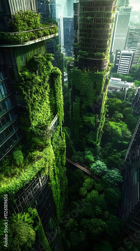 Urban action against climate change green cityscape with vertical gardens renewable resources modern architecture nature-integrated environment