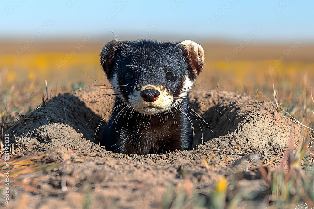 Black-footed ferret peeking from burrow in prairie. Black-footed ferret peeking from burrow in prairie.