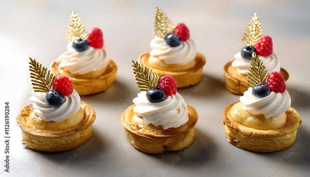 Mini holiday pastries topped with whipped cream and decorated with fresh berries and edible gold leaves Mini holiday pastries topped with whipped cream and decorated with fresh berries and edible gold leaves