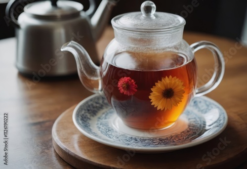 A glass teapot with fragrant tea and flowers on a charming saucer