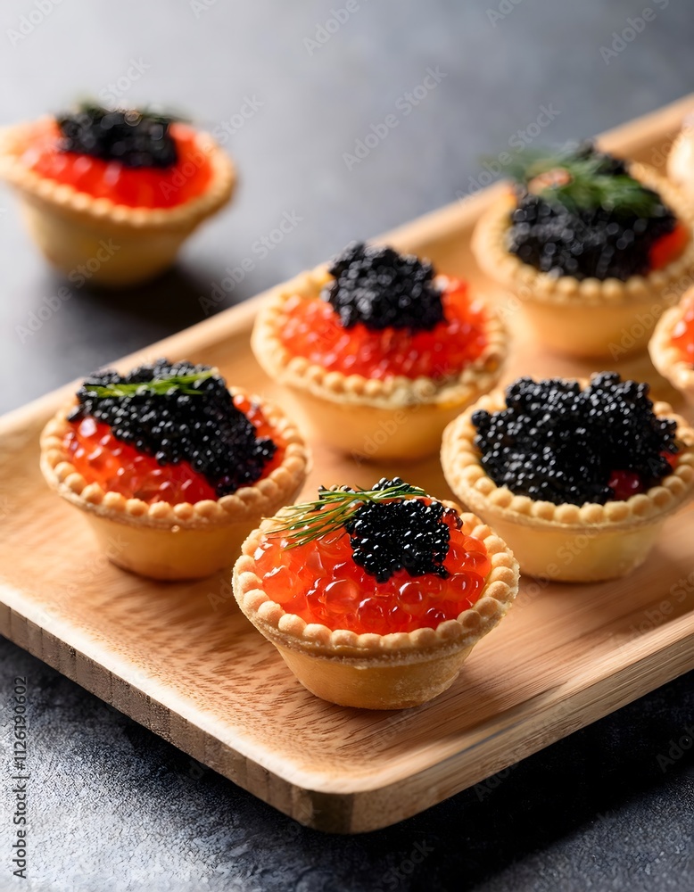 Mini tartlets filled with creamy cheese and topped with black and red caviar for a luxurious presentation Mini tartlets filled with creamy cheese and topped with black and red caviar for a luxurious presentation