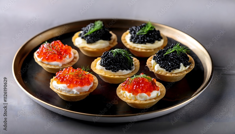 Mini tartlets filled with creamy cheese and topped with black and red caviar for a luxurious presentation Mini tartlets filled with creamy cheese and topped with black and red caviar for a luxurious presentation