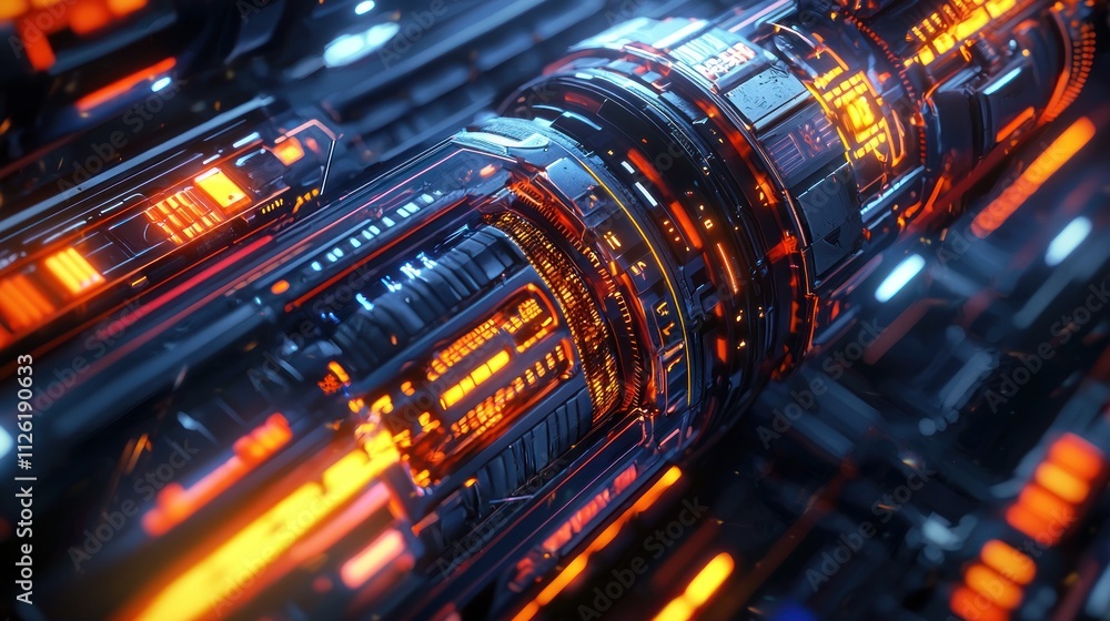 Futuristic Technological Engine: A mesmerizing close-up of a high-tech engine with glowing orange and blue details, showcasing intricate mechanical design and digital interface elements. Futuristic Technological Engine: A mesmerizing close-up of a high-tech engine with glowing orange and blue details, showcasing intricate mechanical design and digital interface elements.