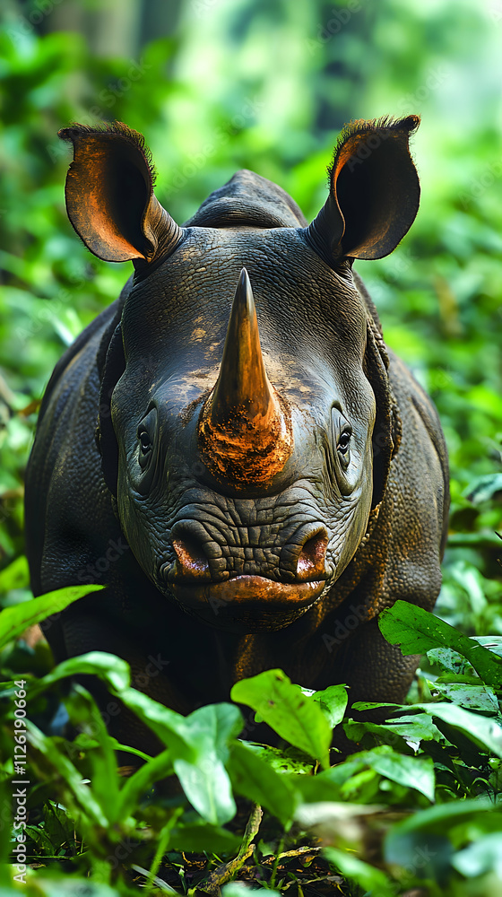 Close-up of a Sumatran rhinoceros in a lush green forest. Close-up of a Sumatran rhinoceros in a lush green forest.