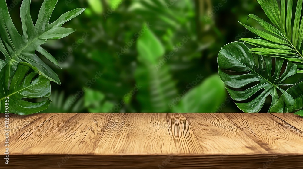 A wooden tabletop in the foreground with lush green foliage in the background, creating a natural, serene atmosphere. A wooden tabletop in the foreground with lush green foliage in the background, creating a natural, serene atmosphere.