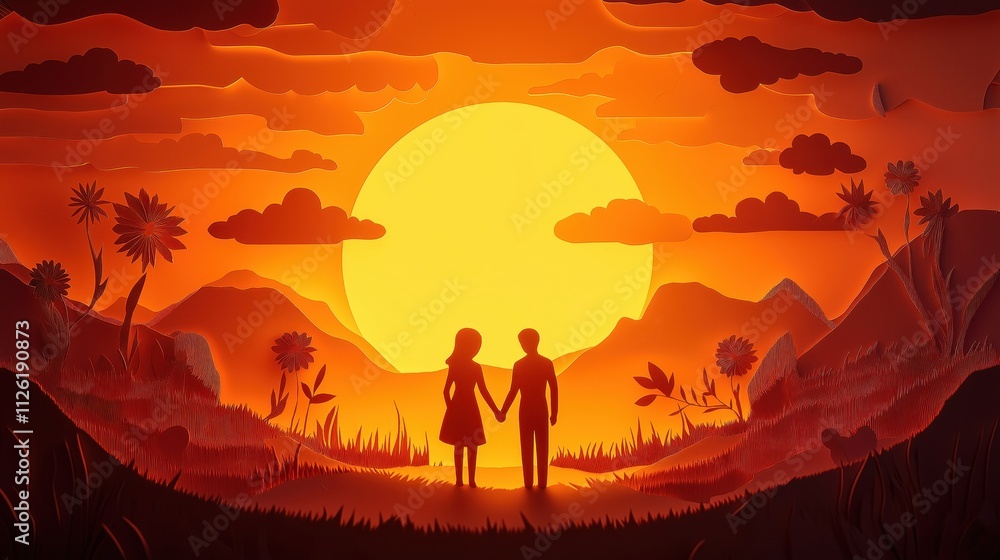 Naklejka premium Couple holding hands, stylized silhouettes in a paper art sunset, 3D illustration --ar 16:9 --v 6.1 Job ID: dcacaebd-34c1-4ec0-8531-3ad80dce1cd1