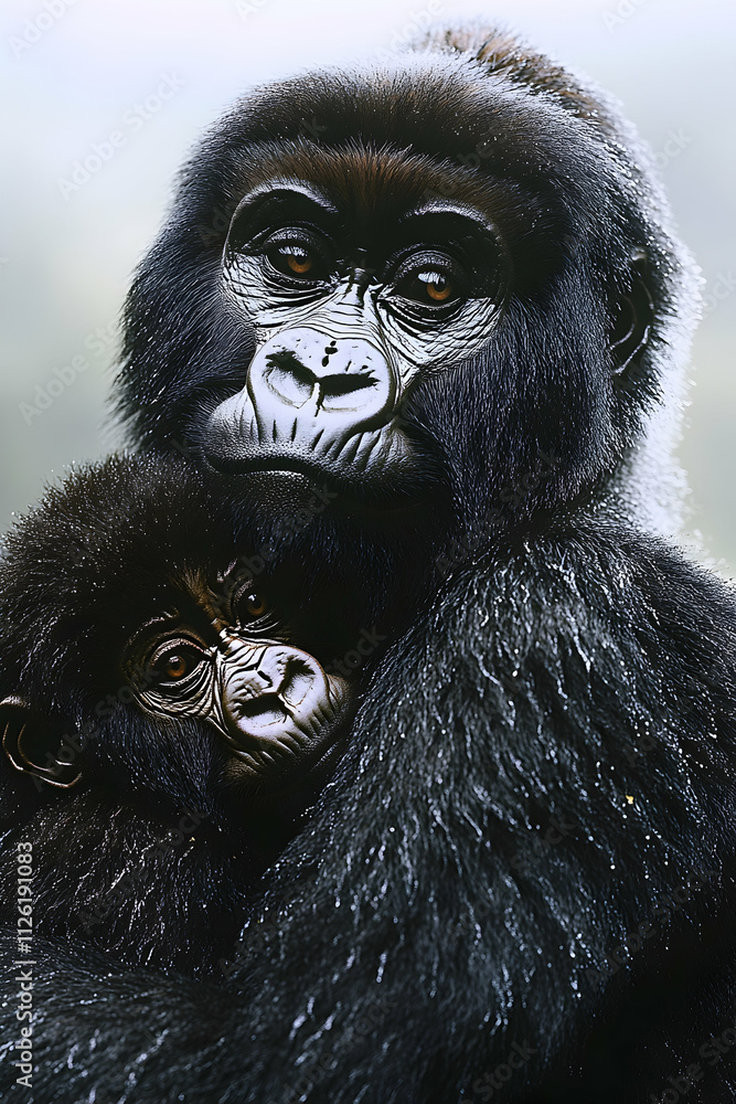 Obraz premium Close-up portrait of a mother gorilla gently holding her baby.