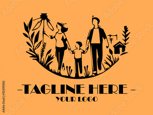 Black silhouettes show family home and moment of family happiness. Great for real estate, gardening, familyoriented designs, and silhouettethemed projects for various purposes