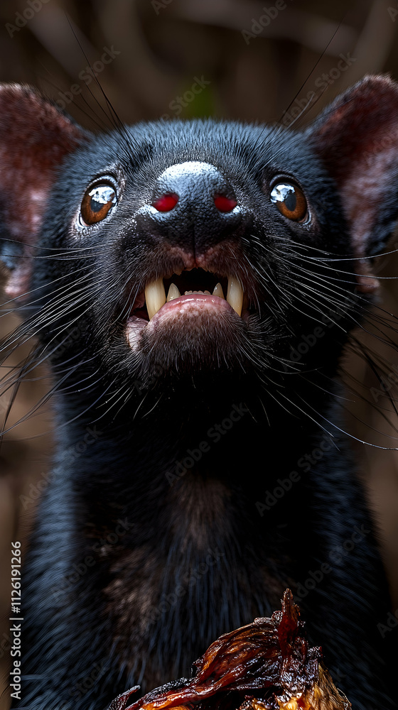 Close-up portrait of a Tasmanian devil showing teeth.
