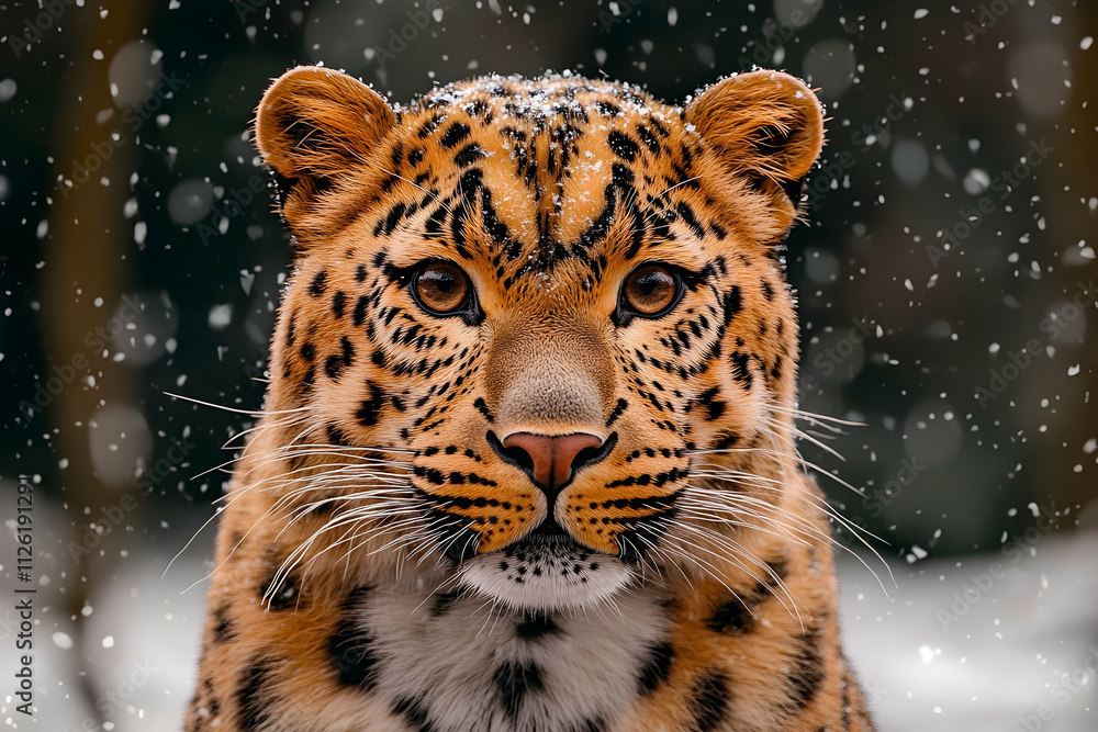 Close-up portrait of an Amur leopard in snowy winter forest. Close-up portrait of an Amur leopard in snowy winter forest.