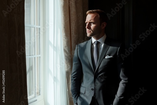 Business Professional in Suit Looking Out Window with Contemplative Expression in Sunlit Room