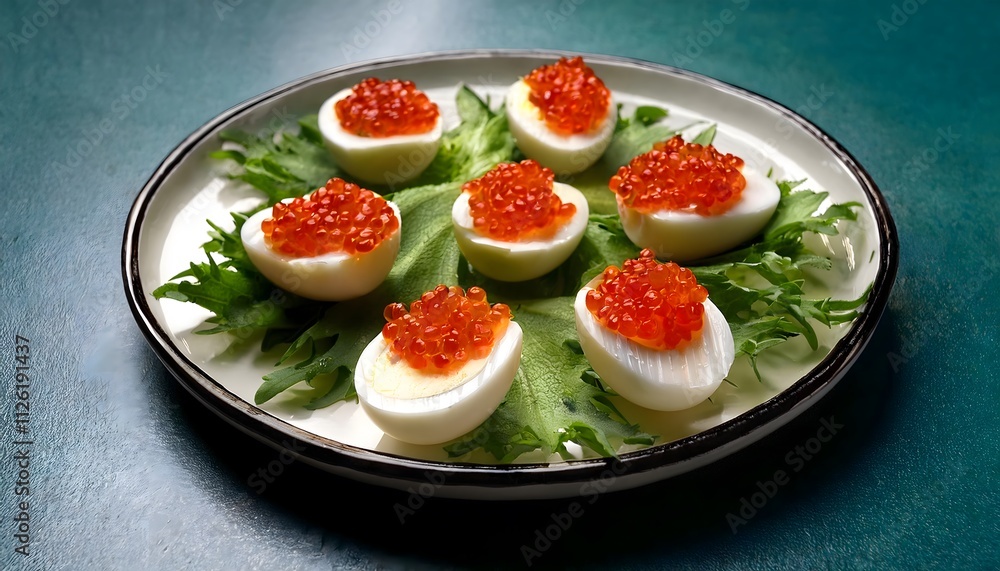 Quail eggs halved and topped with red caviar, served on a bed of fresh greens for a luxurious starter Quail eggs halved and topped with red caviar, served on a bed of fresh greens for a luxurious starter