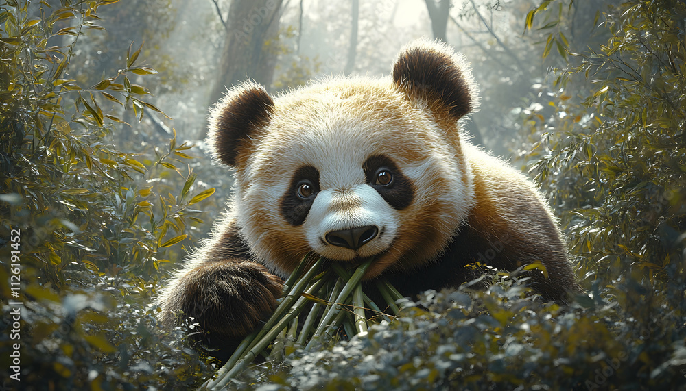 Obraz premium Cute panda bear eating bamboo in a misty forest.