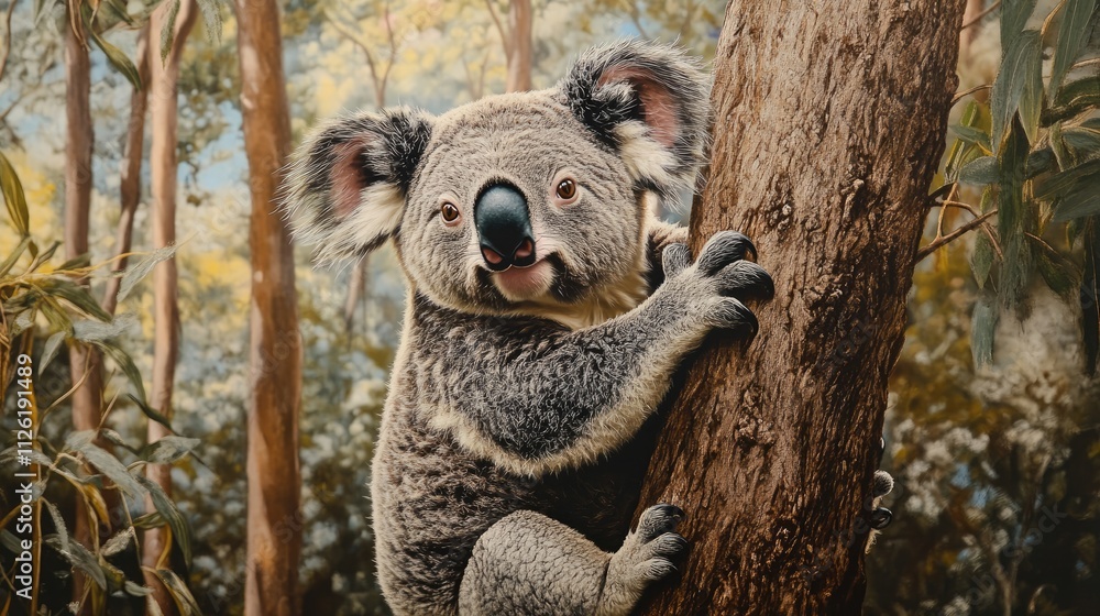 Naklejka premium Koala Clinging to a Tree Trunk