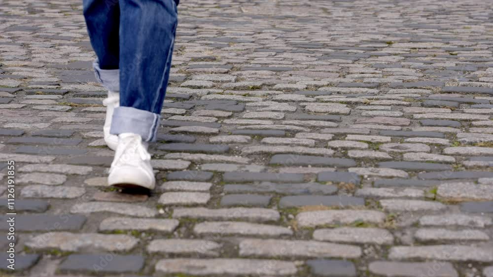 Walking on cobblestone streets in historic district Walking on cobblestone streets in historic district