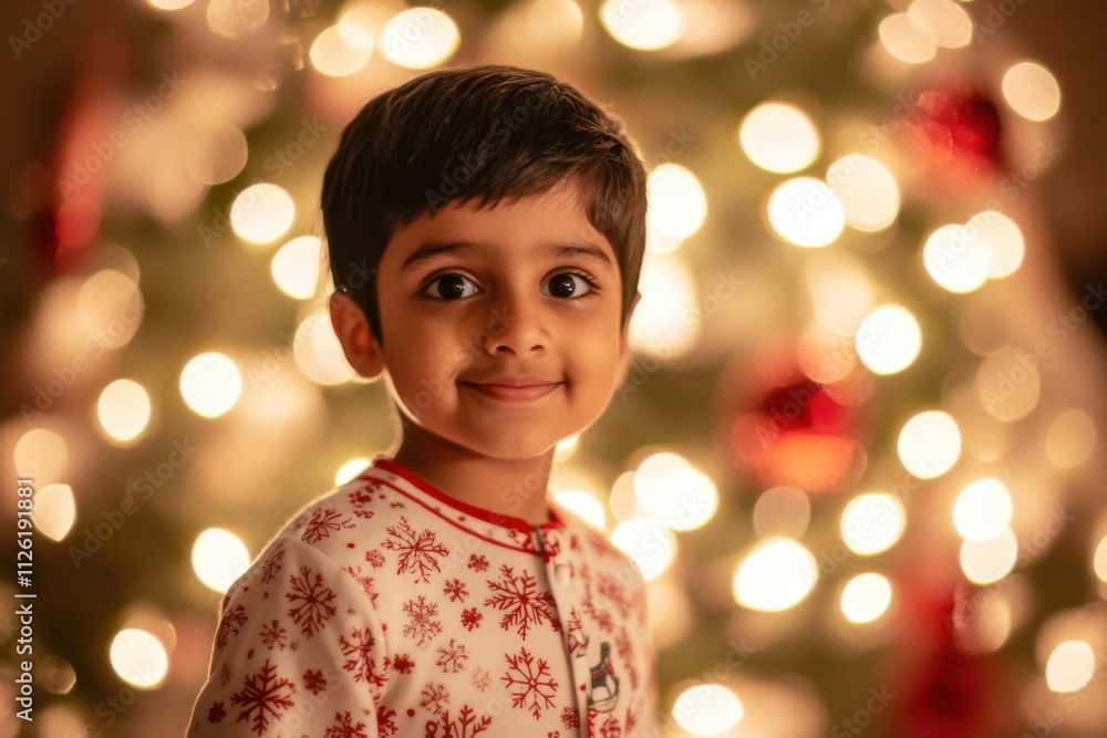 Portrait of an Indian boy with short black hair, wearing a Christmas-themed onesie with snowflakes, standing in front of a Christmas tree filled with glowing lights, soft lighting, copy spac Portrait of an Indian boy with short black hair, wearing a Christmas-themed onesie with snowflakes, standing in front of a Christmas tree filled with glowing lights, soft lighting, copy spac