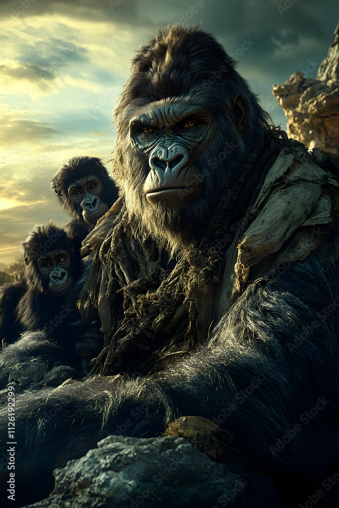 Majestic gorilla family portrait at sunset. Majestic gorilla family portrait at sunset.