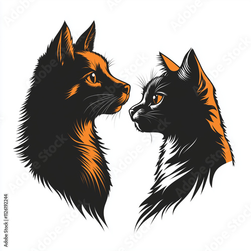 Stylish silhouette illustration of a cat and dog facing each other in black and orange colors photo