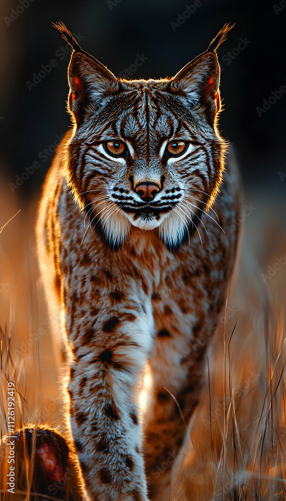 Fototapeta premium Majestic lynx walking towards camera in warm light.