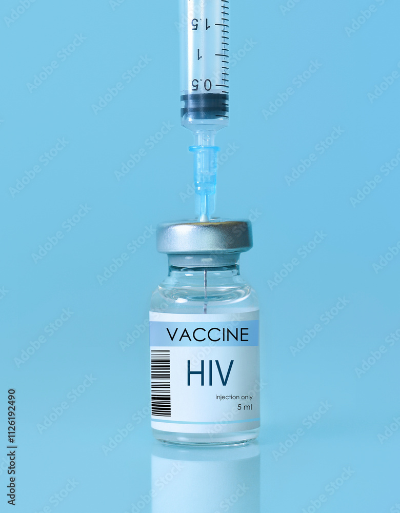 HIV Vaccine in a bottle with a syringe on a blue background. Experimental HIV vaccine vial for immunization against HIV disease. Copy space HIV Vaccine in a bottle with a syringe on a blue background. Experimental HIV vaccine vial for immunization against HIV disease. Copy space