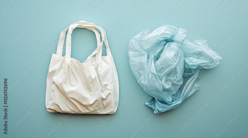 A reusable cloth bag alongside a crumpled plastic bag, emphasizing sustainability contrast A reusable cloth bag alongside a crumpled plastic bag, emphasizing sustainability contrast