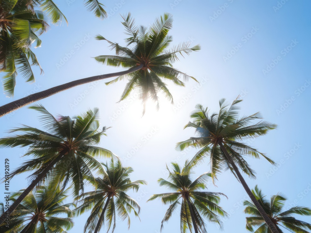 Coconut palm trees reaching towards the shining sun in a bright blue sky, tropical, scenic Coconut palm trees reaching towards the shining sun in a bright blue sky, tropical, scenic