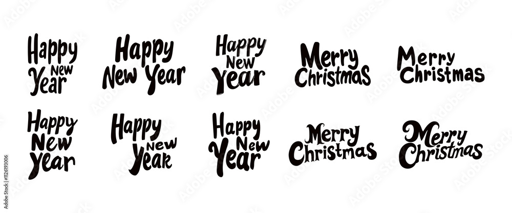 Merry Christmas and Happy New Year, silhouette lettering set. Black vector illustration isolated on white background Merry Christmas and Happy New Year, silhouette lettering set. Black vector illustration isolated on white background