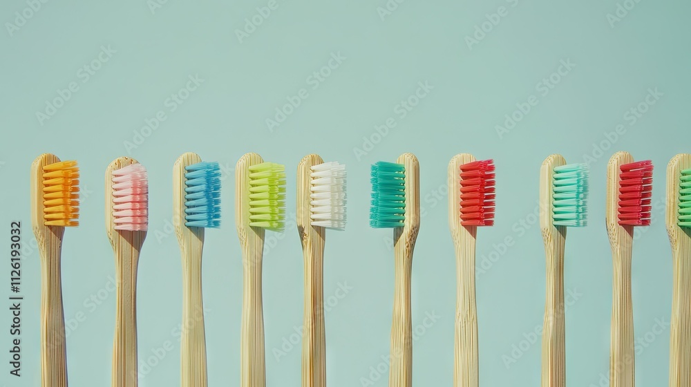A row of bamboo toothbrushes with colorful bristles displayed on a pale blue background A row of bamboo toothbrushes with colorful bristles displayed on a pale blue background