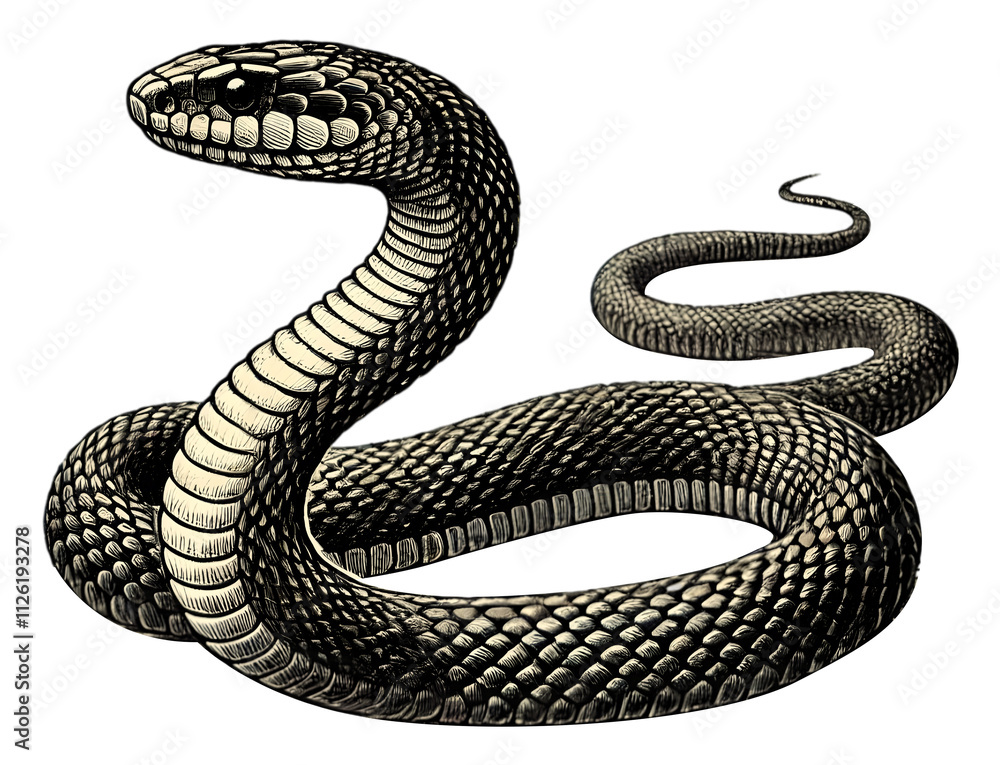 Fototapeta premium Vintage snake illustration, vintage snake engraving with detailed sketch, isolated on transparent background. Black and white PNG