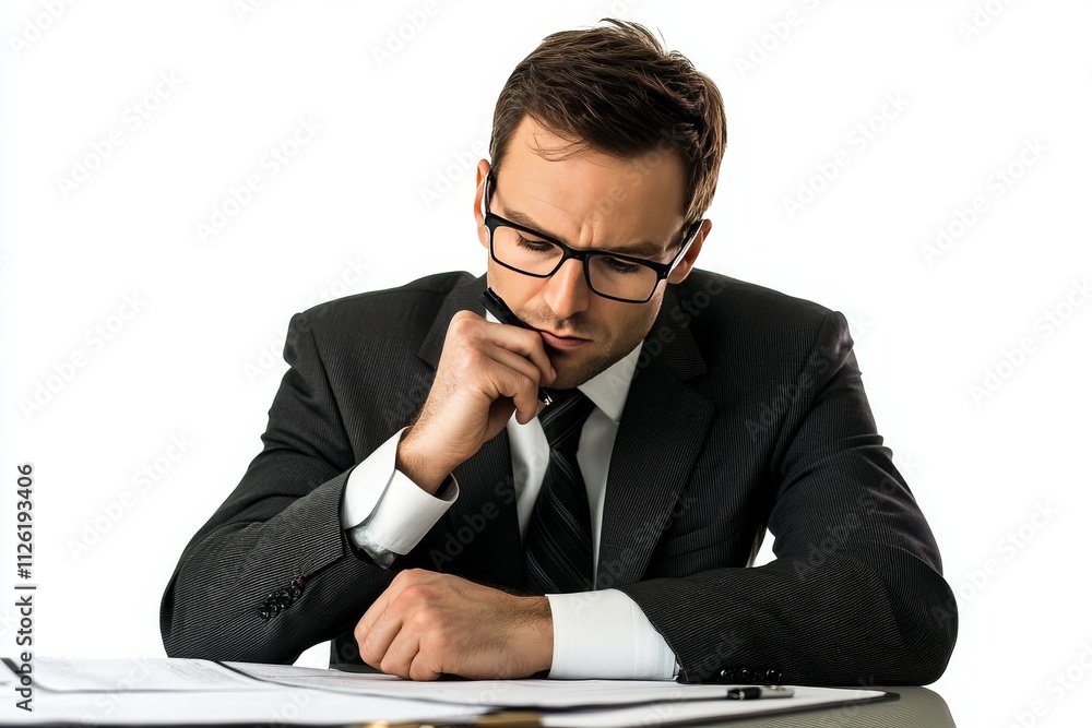 Businessman Deep in Thought Analyzing Documents at Desk