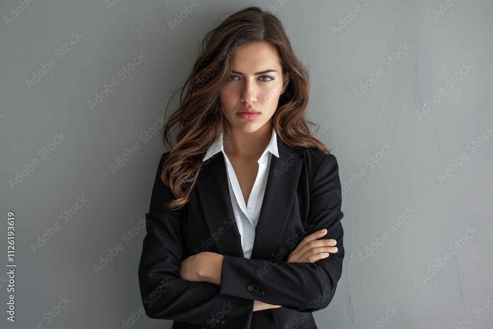 A woman in a business suit is standing with her arms crossed A woman in a business suit is standing with her arms crossed