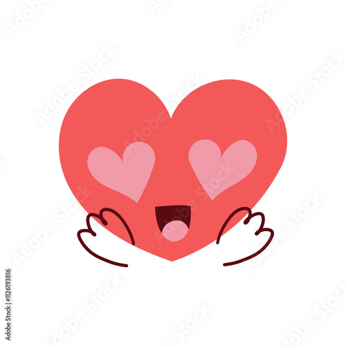 Vector icon of red happy heart character different emoji on white background. Romantic flat style Valentine's Day illustrations to express feelings of love .