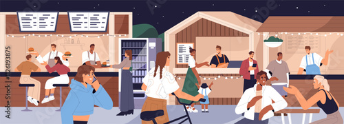 People relax, ordering street fastfood on food court outdoors panorama. Happy men, women, kids buy eating, drink, snacks in stalls, kiosks, counters, talk in summer evening. Flat vector illustration