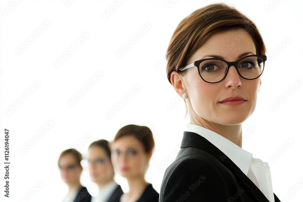 A woman in a business suit stands in front of three other women A woman in a business suit stands in front of three other women