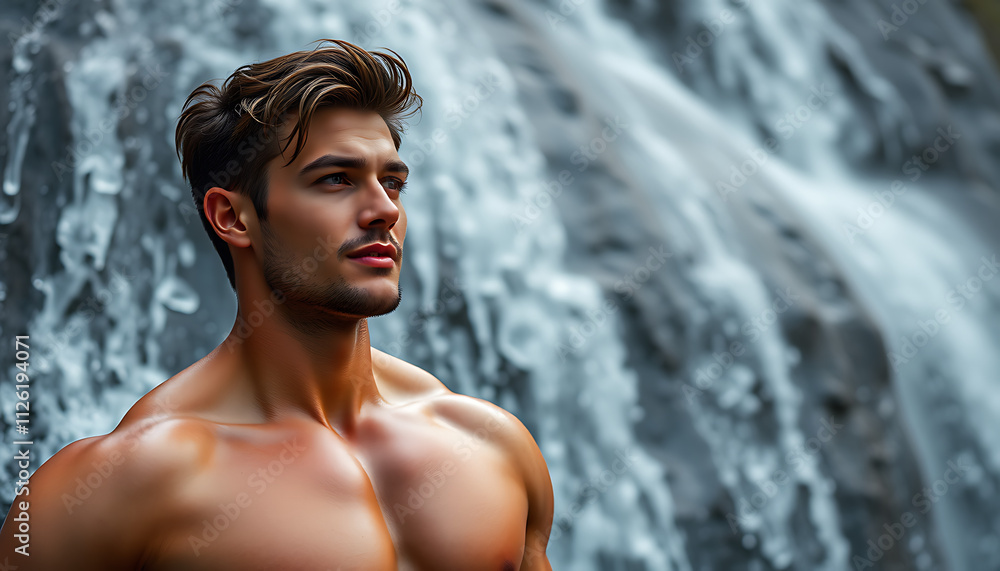 a handsome man at waterfall a handsome man at waterfall