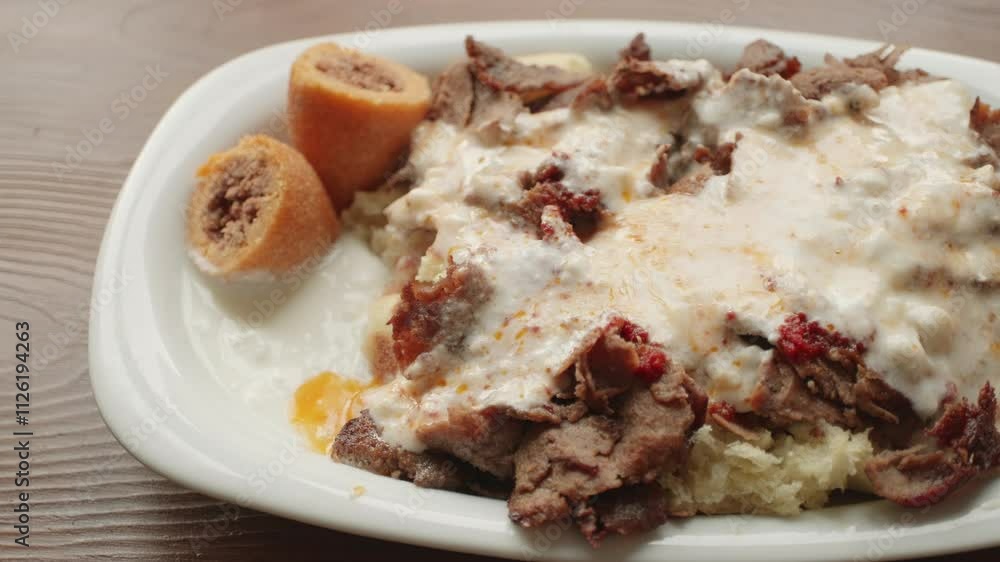 Local Turkish dish Iskender doner on an oval plate in slow motion Local Turkish dish Iskender doner on an oval plate in slow motion