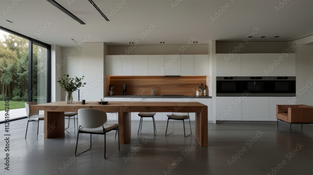 A sleek and stylish kitchen with a spacious wooden dining table, modern appliances, and large windows creating a bright, elegant space perfect for dining and entertaining. A sleek and stylish kitchen with a spacious wooden dining table, modern appliances, and large windows creating a bright, elegant space perfect for dining and entertaining.